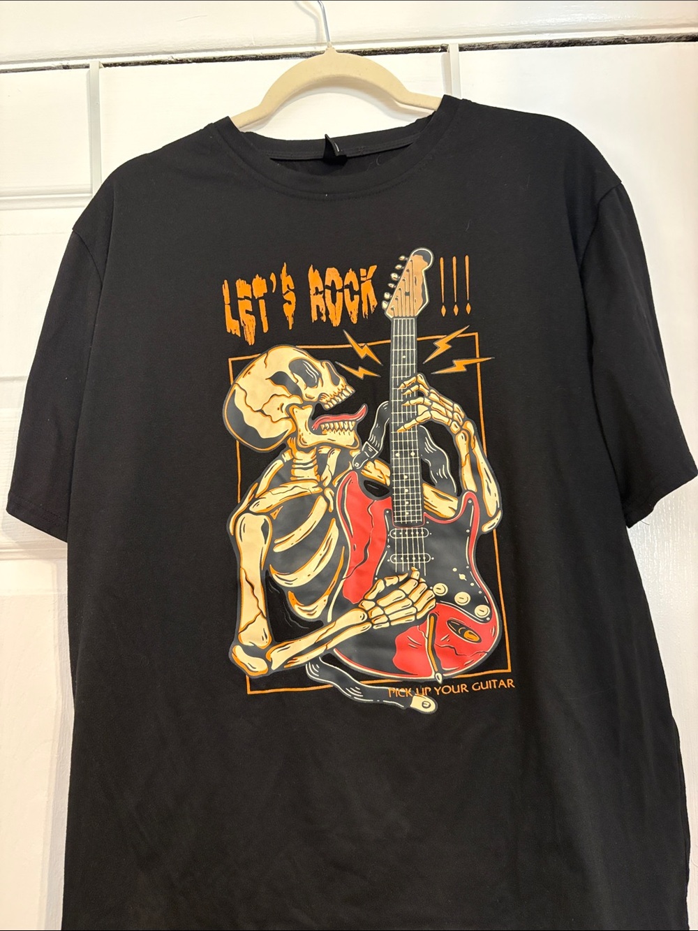ROMWE Black Graphic Tee with Red Guitar and Yellow Skeleton